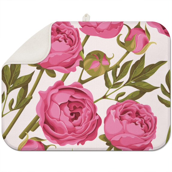Microfibre Drying Mat for Kitchen Red Fresh Wild Peony Flower Dish Drying Drainer Mat Absorbent Pioneer Drying Mat Washing Up for Glass, Plate & Cup 18inch X 24inch