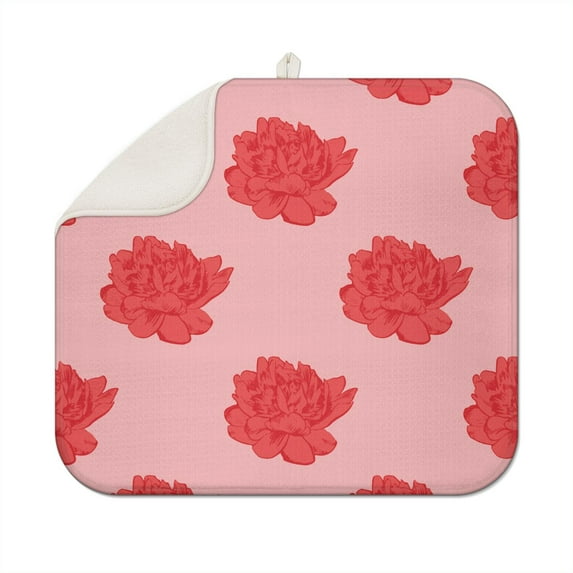 Microfibre Drying Mat for Kitchen Red Peony Flower Petals Dish Drying Drainer Mat Absorbent Pioneer Drying Mat Washing Up for Glass, Plate & Cup 16inch X 18inch