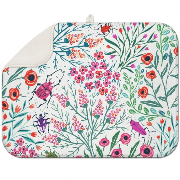 Microfibre Drying Mat for Kitchen Summer Flowers Pattern Dish Drying Drainer Mat Absorbent Drying Mat Washing Up for Glass, Plate & Cup 16inch X 18inch