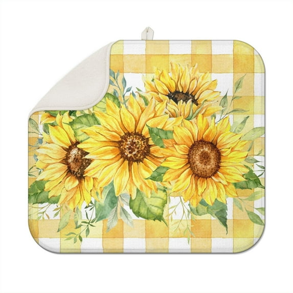 Microfibre Drying Mat for Kitchen Sunflower Colorful Floral Dish Drying Drainer Mat Absorbent Drying Mat Washing Up for Glass, Plate & Cup 16inch X 18inch