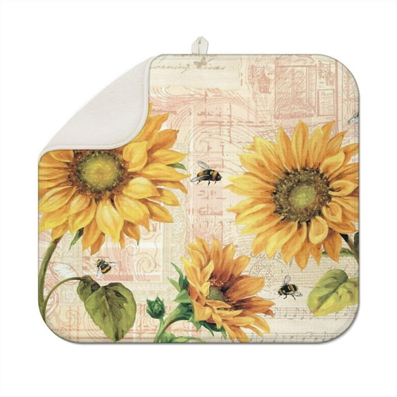 Microfibre Drying Mat for Kitchen Sunflower Colorful Floral Dish Drying Drainer Mat Absorbent Drying Mat Washing Up for Glass, Plate & Cup 16inch X 18inch