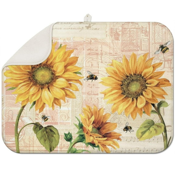 Microfibre Drying Mat for Kitchen Sunflower Colorful Floral Dish Drying Drainer Mat Absorbent Drying Mat Washing Up for Glass, Plate & Cup 18inch X 24inch