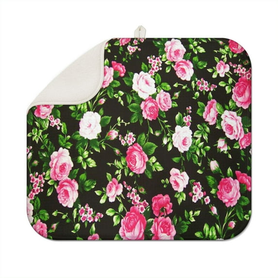 Microfibre Drying Mat for Kitchen Vintage Floral Rose Dish Drying Drainer Mat Absorbent Pioneer Drying Mat Washing Up for Glass, Plate & Cup 16inch X 18inch