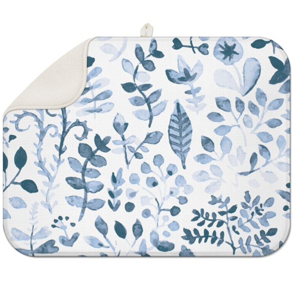 Microfibre Drying Mat for Kitchen Watercolored Blue Leaves Dish Drying Drainer Mat Absorbent Drying Mat Washing Up for Glass, Plate & Cup 16inch X 18inch