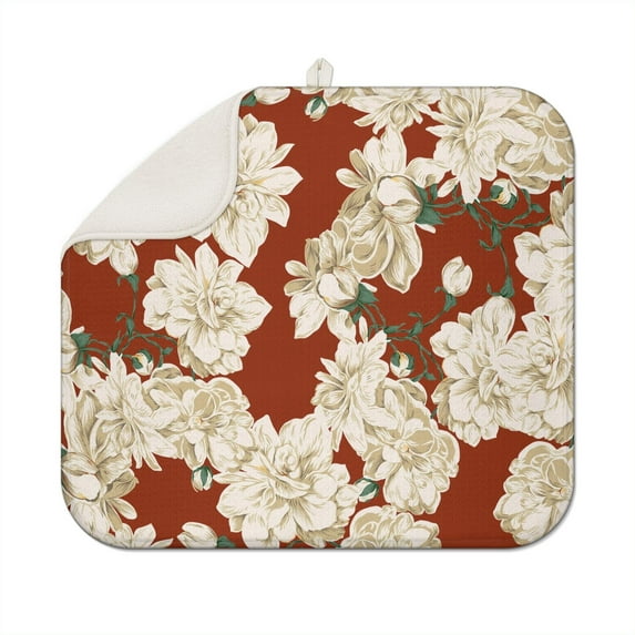 Microfibre Drying Mat for Kitchen White Flowers on Red Dish Drying Drainer Mat Absorbent Pioneer Drying Mat Washing Up for Glass, Plate & Cup 16inch X 18inch