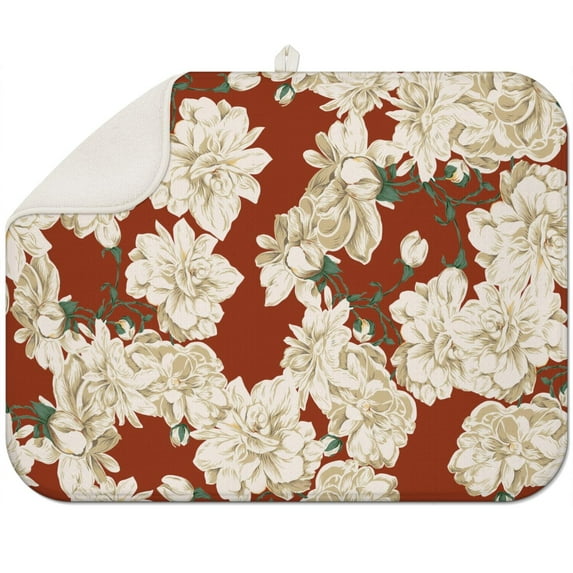 Microfibre Drying Mat for Kitchen White Flowers on Red Dish Drying Drainer Mat Absorbent Pioneer Drying Mat Washing Up for Glass, Plate & Cup 18inch X 24inch