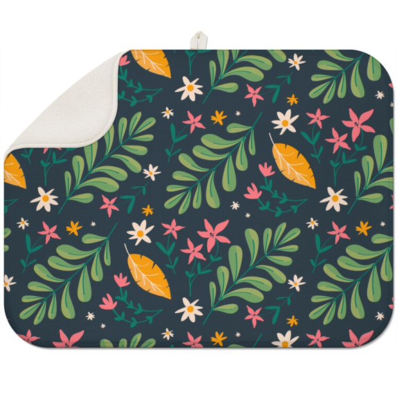 Microfibre Drying Mat for Kitchen Floral Pattern Dish Drying Drainer Mat Absorbent Drying Mat Washing Up for Glass, Plate & Cup 16inch X 18inch