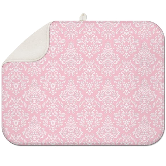 Microfibre Drying Mat for Kitchen Pink Damask Dish Drying Drainer Mat Absorbent Drying Mat Washing Up for Glass, Plate & Cup 16inch X 18inch