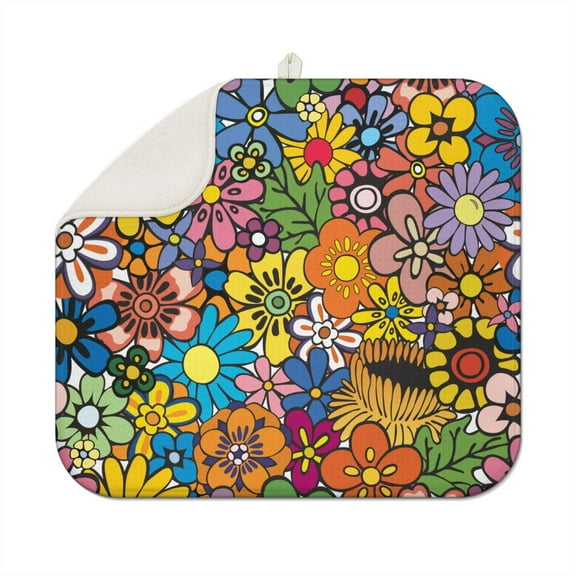 Microfibre Drying Mat for Kitchen Sunny Flowers Dish Drying Drainer Mat Absorbent Drying Mat Washing Up for Glass, Plate & Cup 16inch X 18inch