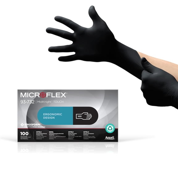 Microflex 93-732 Nitrile Disposable, Latex & Powder Free, Food Approved, Multi-Purpose, Medical & Industrial Protection, Latex Free, Single Use, Black, Size S (100 Gloves)