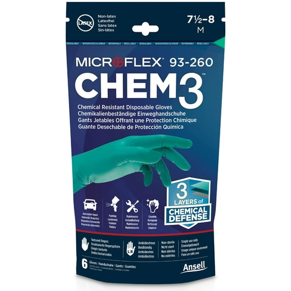 Microflex CHEM3 93-260RP Nitrile and Neoprene Gloves - Disposable, Chemical Resistant, Size X Large (pack of 6)