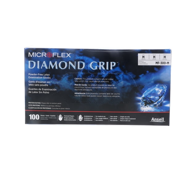 Microflex Diamond Grip Powder-Free Latex Examination Glove, Medium, White (100pcs) 2 Pack