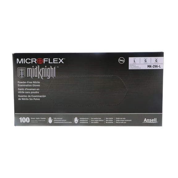 Microflex MidKnight Powder-Free Nitrile Examination Glove, Large, Black (100pcs)