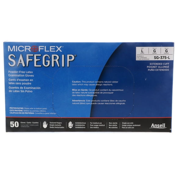 Microflex Safegrip Powder-Free Latex Examination Glove, Large, Blue (50pcs) 2 Pack