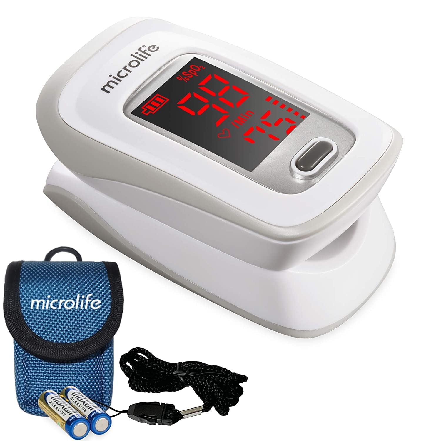 Microlife Series 200 Fingertip Pulse Oximeter, Blood Oxygen Saturation (SpO2) and Heart Rate Monitor, Includes Batteries, Lanyard and Case