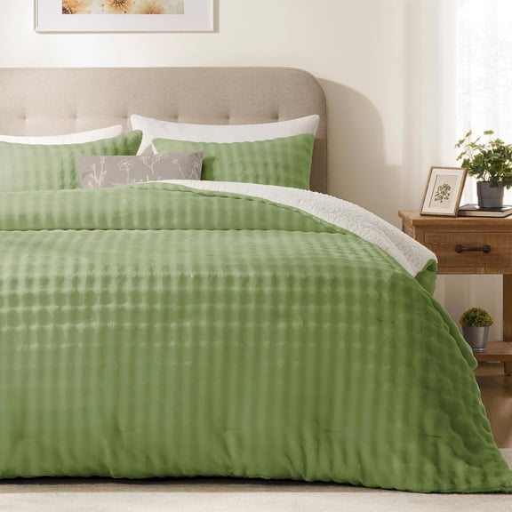Micromink Sherpa King Comforter Set - Fluffy Bedding Light Green 3D Puff Grid, Ultra Soft & Warm Plush Comforter for Winter