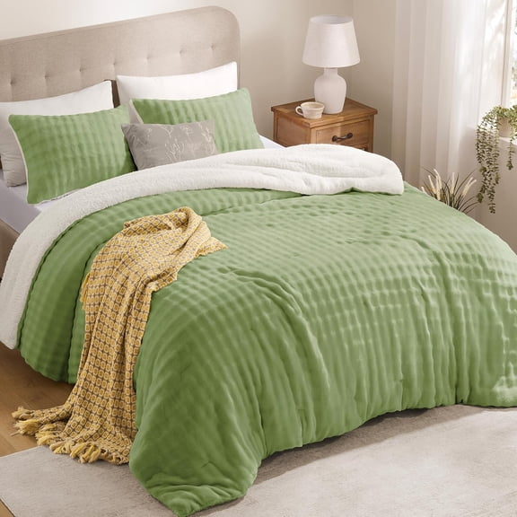 Micromink Sherpa Queen Comforter Set - Fluffy Bedding Light Green 3D Puff Grid, Ultra Soft & Warm Plush Comforter for Winter (1 Comforter, 2 Pillowcases)