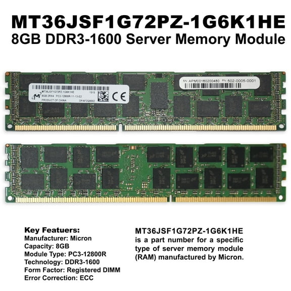 Micron 8GB DDR3-1600 PC3-12800R ECC Registered RDIMM 2Rx4 240-Pin Server Memory