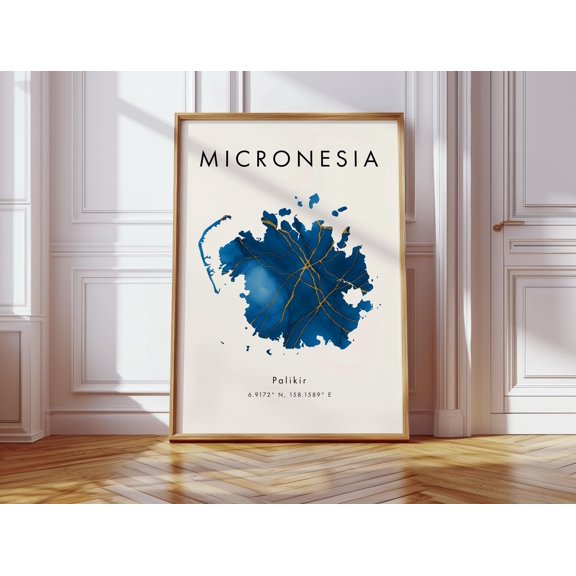 Micronesia Map Poster Blue and Gold Oceania Wall Art Print Home Decor Geography Map Gift