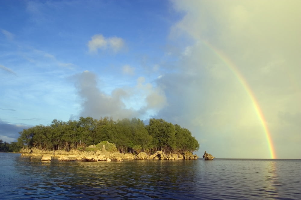 Micronesia Palua Rainstorm Approaches A Small Island Rainbow Overhead Canvas Art - Dave Fleetham Design Pics (17 x 11)