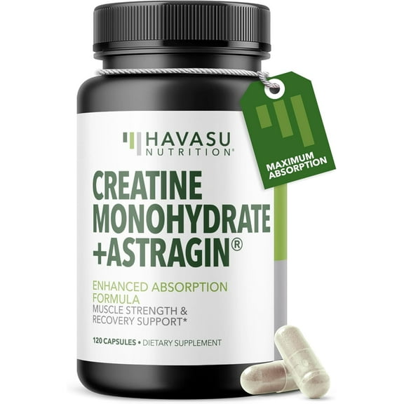 Havasu Nutrition Micronized Creatine Monohydrate w/ AstraGin Capsules for Muscle Strength, 120 Count