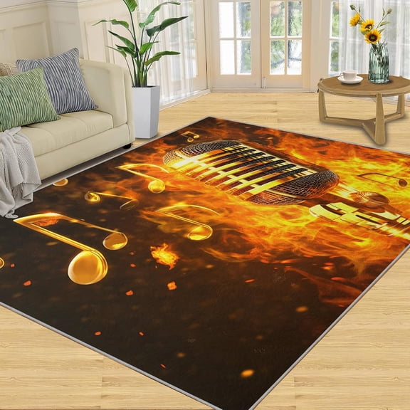 Microphone Area Rug, Musical Notes Rugs for Living Room Bedroom, Rock Music Rugs, Washable Kitchen Classroom Rug-5' x 8'