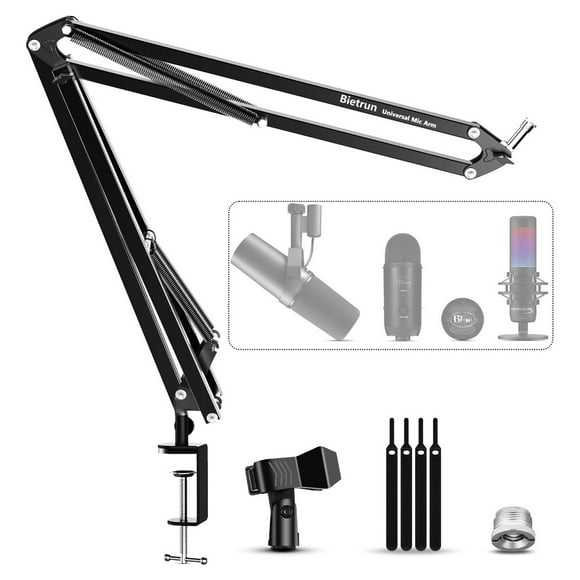 Microphone Arm Desk Mount, Bietrun Upgrade Thick ArmStrong Pull Metal Scissor Desk Boom Arm for Blue Yeti/Wave/Snowball/Quadcast/Shure SM7B/SM58/MV7, with 3/8" Plug, 3/8" to 5/8" Adapter, Mic Clip