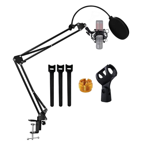 Microphone Arm Stand Upgraded Adjustable Suspension Boom Scissor Arm Mic Holder with Pop Filter 3/8" to 5/8" Adapter Mic Clip Shock Mount Cable Ties,Black