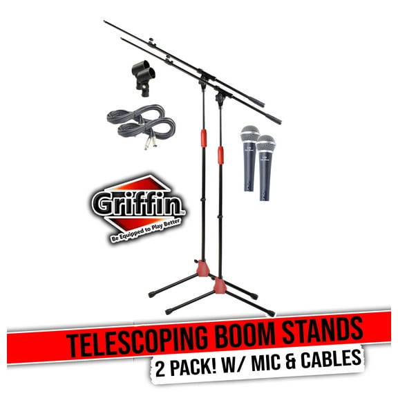 Microphone Boom Stand with XLR Mic Cable, Cardioid Dynamic Microphone & Clip (Pack of 2) by Griffin - Tripod Mount - 20 ft Pro Audio 3-Pin Cord Patch Vocal Unidirectional Microphone