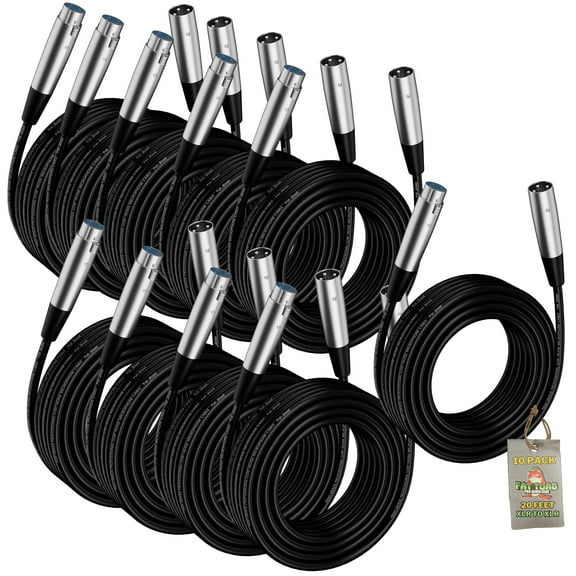 Microphone Cables by Fat Toad (10 Pack) 20ft Professional Pro Audio XLR Mic Cord Patch with Female & Male Connector 24 AWG Shielded Wire & Balanced for Sound Music Recording Studio Mixer Stage Gear