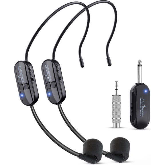 Microphone Headset Double Professional: Cordless Mic for Two People, Heads Handheld Mics 2 in 1- USB-C Rechargeable - 1/4'' and 1/8'' Plug for PA System, Voice Amplifier,Teaching,Fitness