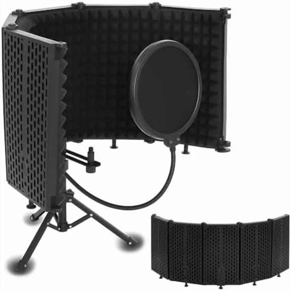 Microphone Isolation Shield, 5-Fold Adjustable Portable Reflection Filter with Tripod Stand & Pop Filter for Home Studio, Podcasting, Streaming, Fits Most Condenser Microphones$$Music