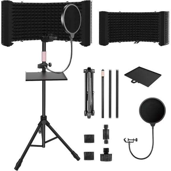 Microphone Isolation Shield with Adjustable Stand - Foldable Soundproof Vocal Booth for Recording, Podcasting, Streaming, Singing, Videos