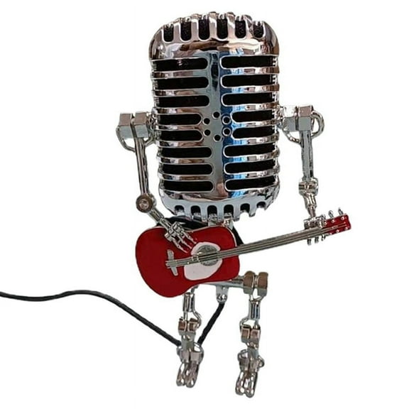 Microphone Lamp - Head Vintage Metal Robot Desk Retro Style Household Ornaments,Red & Silver