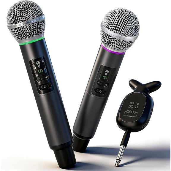 Microphone, -Metal Microphones with RGB Light, Volume Control, 24H Rechargeable , 200ft Range, Receiver with Mic for Karaoke, Singing, Speech
