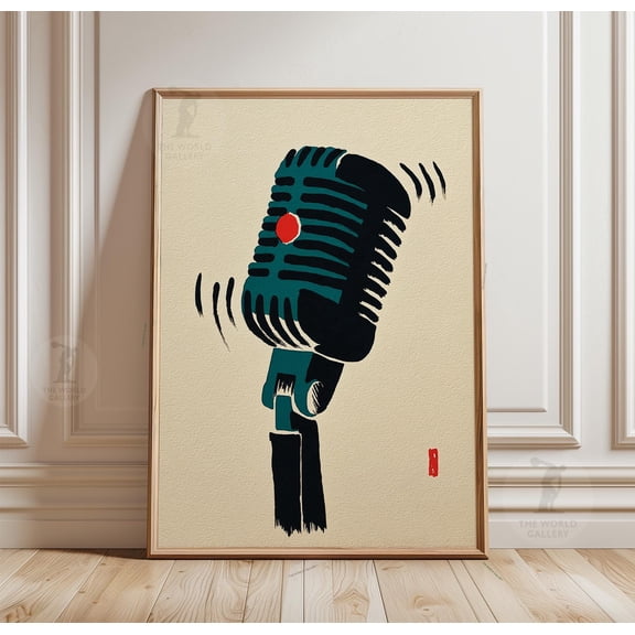 Microphone Poster, Minimal Music Wall Art, Retro Audio Print, Abstract Sound Wave Decor, Poster Only
