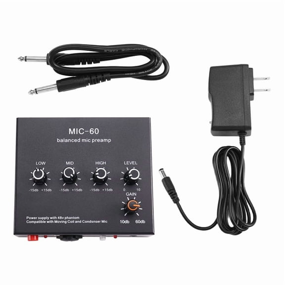Microphone Preamp 3-Band Equalizer Balanced XLR Interface 60db Gain Mic Pre Amp for Dynamic and Condenser Mic US Plug A