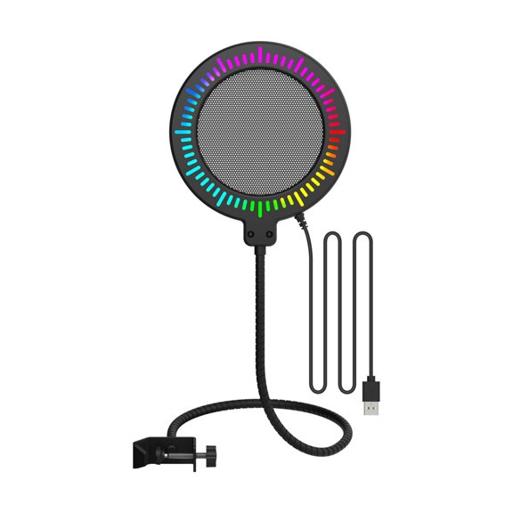 Microphone Screen Filter with Light Trim, USB Powered Metal Mesh Panel and Flexible Gooseneck Clamp for Podcast Streaming Voice Use Desk