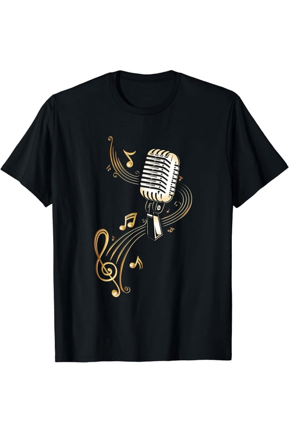 Microphone Shirt with Music Notes and Clef. Musician. . T-Shirt