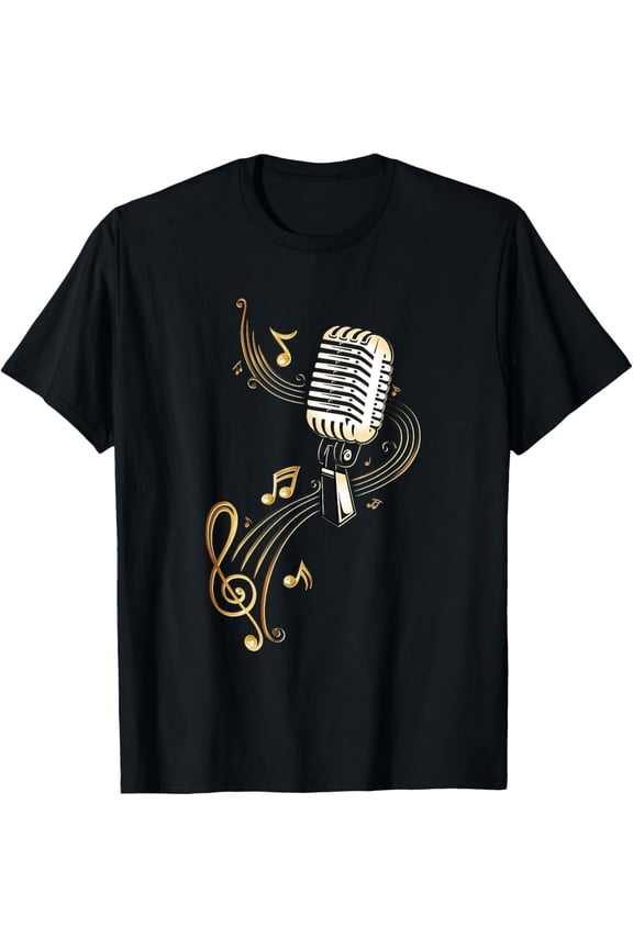 Microphone Shirt with Music Notes and Clef. Musician. . T-Shirt