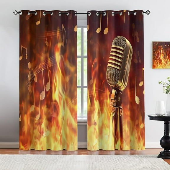 Microphone Speaker Blackout Curtains For Living Room, Flame Notes Bedroom Curtain, Musical Instruments Window Drapes, Musical Theme Room Divider Curtains 52"W x 63"L (Pack of 2)