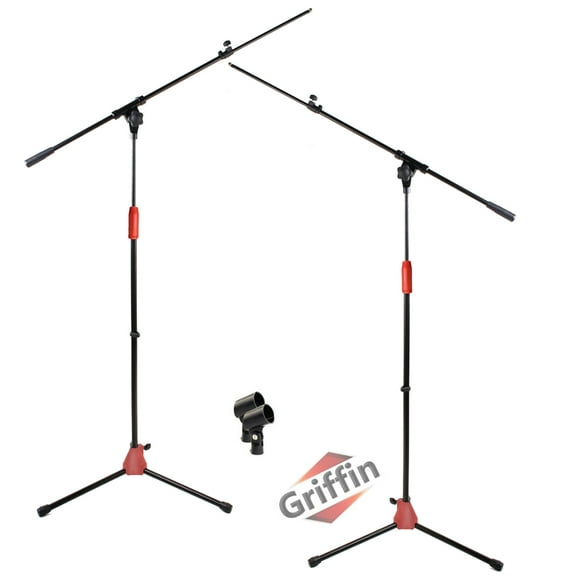 Microphone Stand with Boom Arm (Pack of 2) by Griffin Adjustable Holder Mount For Studio Recording Accessories, Singing Vocal Karaoke, Live Stage Mic Clip Adapter Tripod Folding Legs & Telescoping