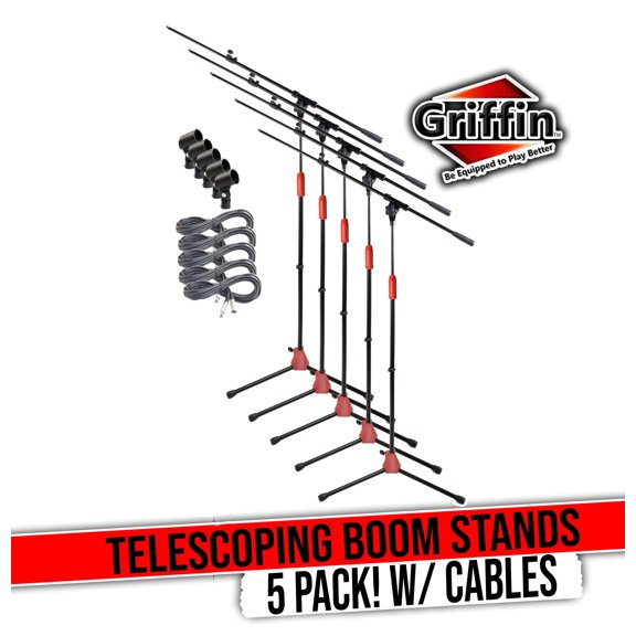 Microphone Stand with Boom Arm, XLR Cable and Mic Clip (Pack of 5) by Griffin - Tripod Telescoping Quality for Studio, Karaoke, Live Performances, Conferences 20 ft Pro Audio Mic Cord Patch