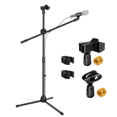 Microphone Stand Boom Arm for Singing, 360 Rotating Dual Holder Clip with Foldable Tripod 5 Core