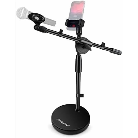 Microphone Stand Desk Adjustable Desktop Microphone Stand with Boom Arm Upgraded 3 in 1 Table Phone/Mic Stand with Microphone Clip,Cell Phone Clip,3/8" to 5/8" Adapter for Universail Mic