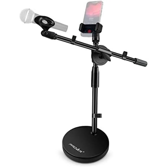 Microphone Stand Desk Adjustable Desktop Microphone Stand with Boom Arm Upgraded 3 in 1 Table Phone/Mic Stand with Microphone Clip,Cell Phone Clip,3/8" to 5/8" Adapter for Blue Yeti,Shure,Other Mic