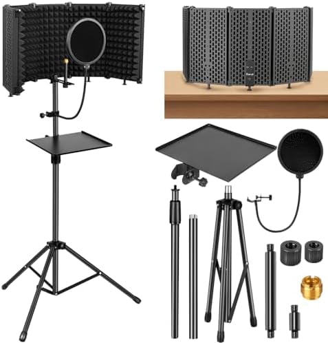 Microphone Stand With Isolation Shield,Recording Studio Equipment With Pop Filter,Tripod Stand, Foldable Mic Shield With Sound Insulation For Recording Studio, Podcasts,Broadcasting$$Music