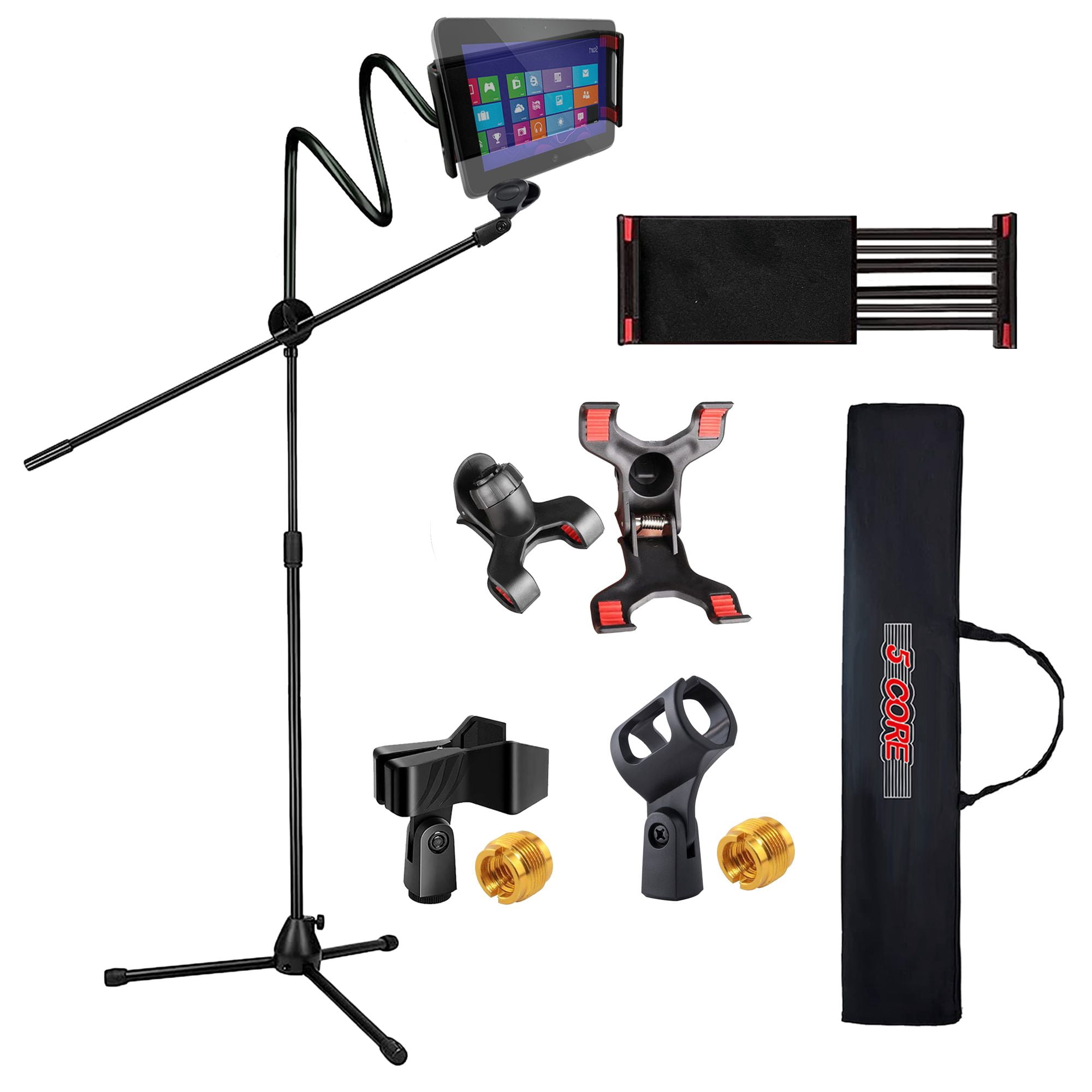 Microphone Stand + Phone Holder Floor Boom Mic Stand Gooseneck + Tablet Holder Collapsible Adjustable Tripod Mic Stand w Two Mic Clips + Carry Bag for Singing Karaoke Studio Parties MS MOB
