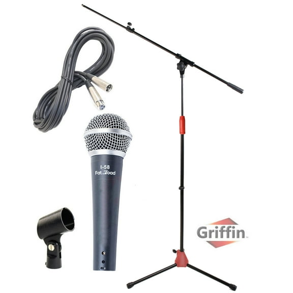 Microphone Stand Studio Package by Griffin Telescoping Boom Arm Mount & Tripod Holder Singing Handheld Vocal Microphone, 20FT XLR Mic Cable Live Stage Gear For Recording Studio or PA DJ Karaoke