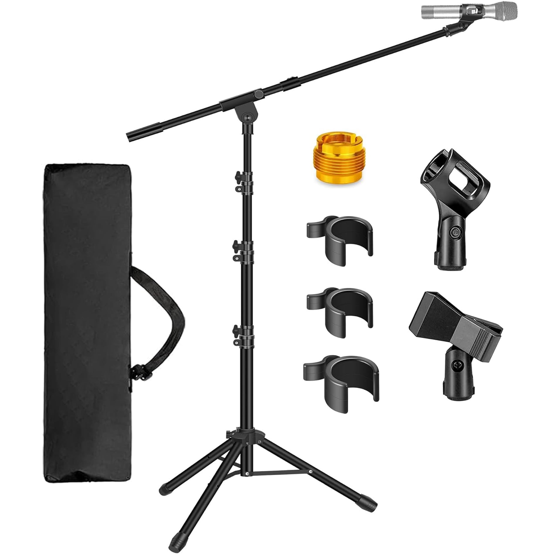 Microphone Stand, Tripod Boom Arm Floor Mic Stand Height Adjustable Heavy Duty with Carrying Bag 2 Mic Clips 3/8" to 5/8" Adapter for Singing Podcast for Blue Yeti Shure SM58 SM48 Samson Q2U